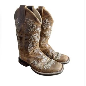 Old West Girls Sz 3 Burnt Tan Square Toe Boot Western Rodeo Cowgirl Embroidery